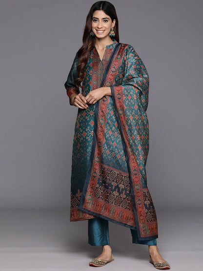 Dhiyona VA Women'sFloral Printed Mandarin Collar Chanderi Silk Straight Kurta with Trouser & Dupatta
