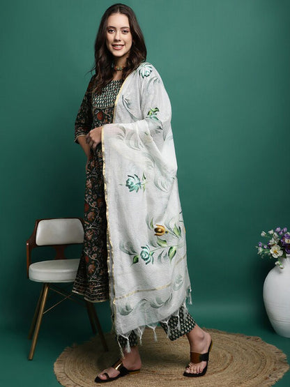 Dhiyona SN Women's Floral Printed Pure Cotton A-Line Kurta With Trousers & Dupatta