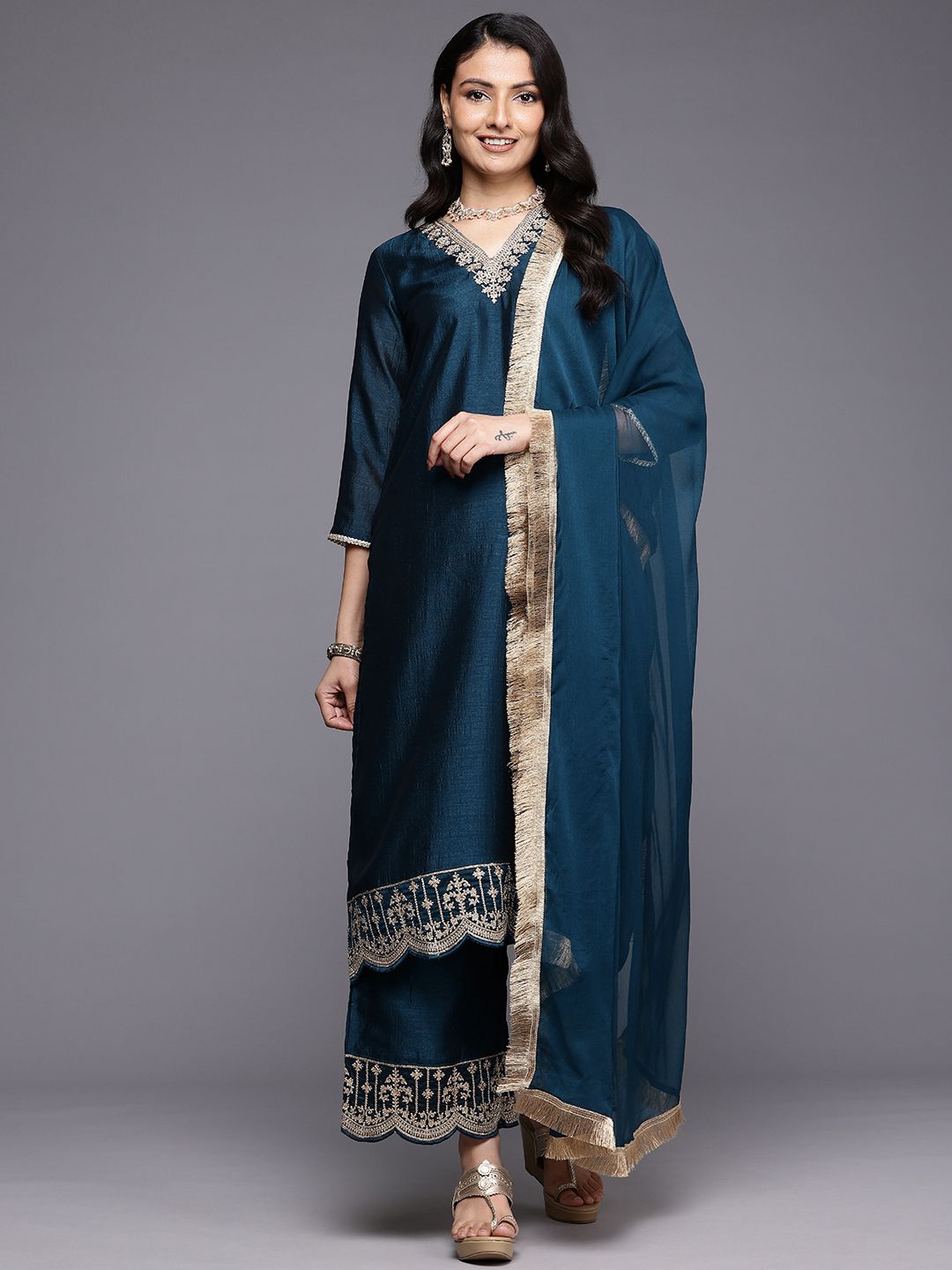 Dhiyona VA Ethnic Motifs Embroidered Zari Kurta With Palazzos & Dupatta
