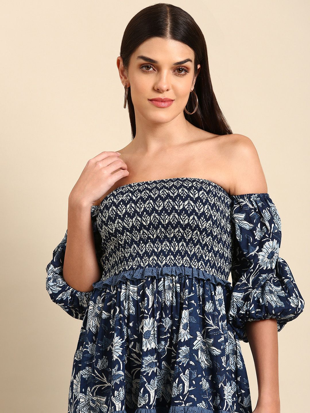 Dhiyona AY Women's Blue Floral Ethnic A-Line Cotton Midi Ethnic Dress