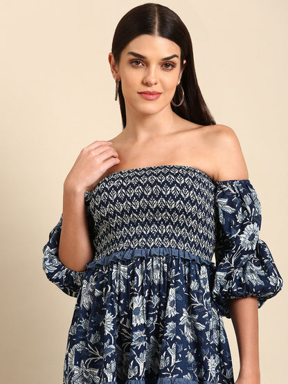 Dhiyona AY Women's Blue Floral Ethnic A-Line Cotton Midi Ethnic Dress