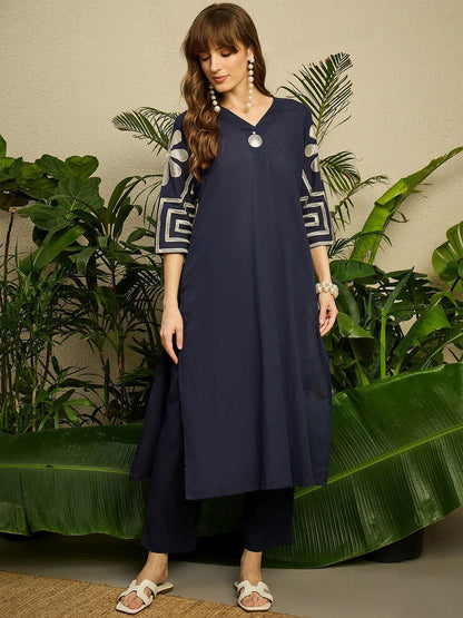 Dhiyona IE Embroidered Pure Cotton V-Neck Top With Trousers
