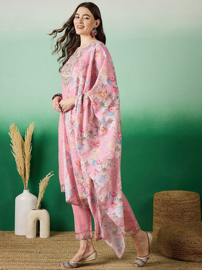 Floral Embroidered Thread Work Pure Cotton Kurta with Trousers & Dupatta