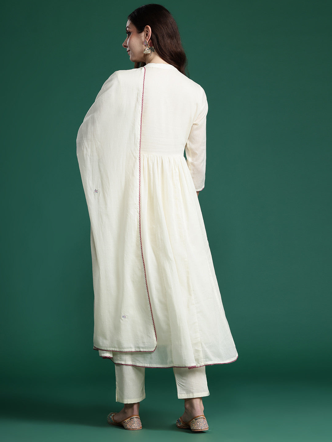 Floral Embroidered Empire Thread Work Pure Cotton Kurta with Trousers & Dupatta