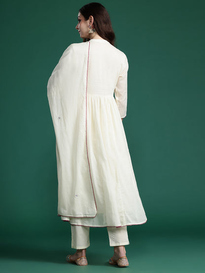 Floral Embroidered Empire Thread Work Pure Cotton Kurta with Trousers & Dupatta