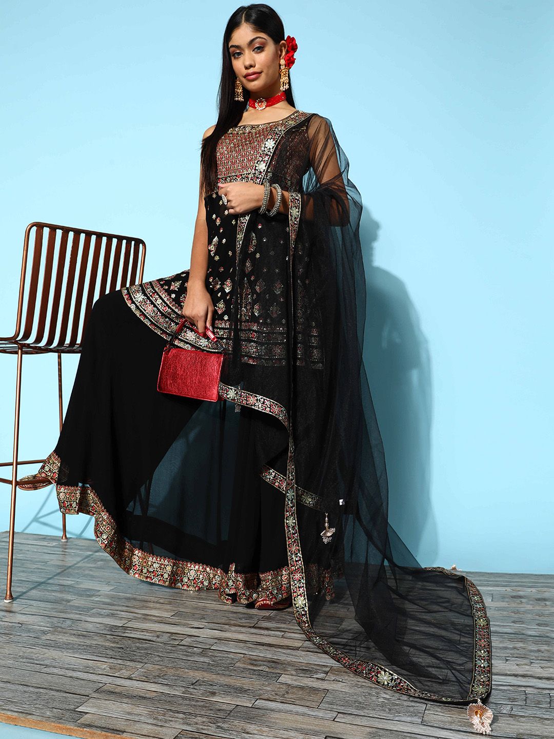 Dhiyona LL Floral Embroidered Empire Sequinned Kurti With Palazzos & With Dupatta