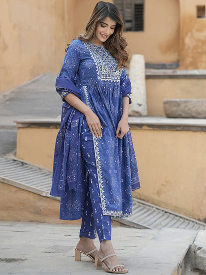 Dhiyona KL Bandhani Embroidered Round Neck Thread Work Pure Cotton Kurta Trousers & Dupatta
