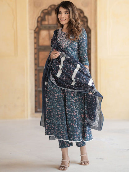 Dhiyona KL Floral Embroidered Thread Work Pure Cotton Anarkali Kurta With Trousers & Dupatta