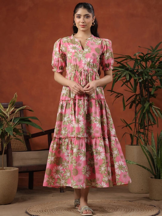 Dhiyona AY Women's Printed Tiered Cotton Maxi Ethnic Dress