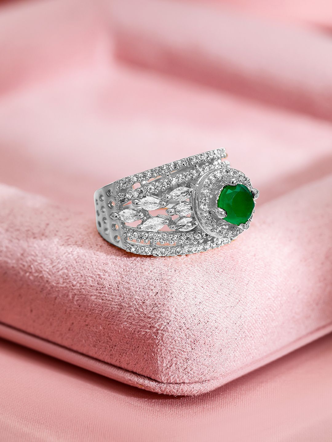 Dhiyona RJ Women's Rhodium Plated Emerald Green & Cubic Zirconia Studded Adjustable Finger Ring