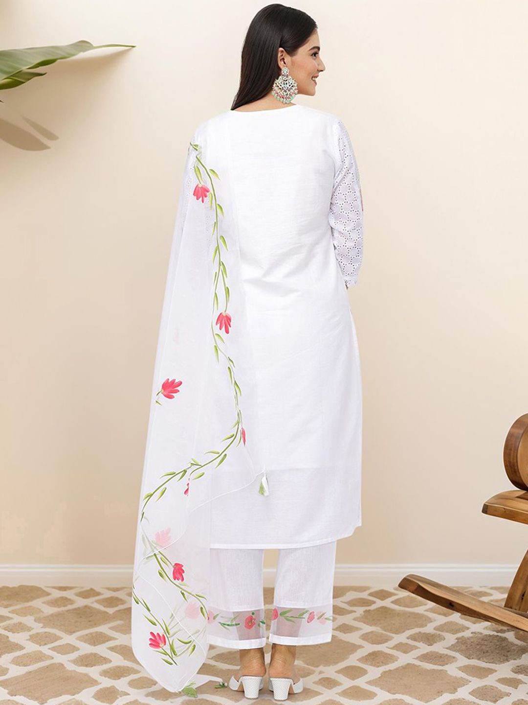 Dhiyona IS Women's Floral Embroidered Thread Work Pure Cotton Kurta with Trousers & Dupatta