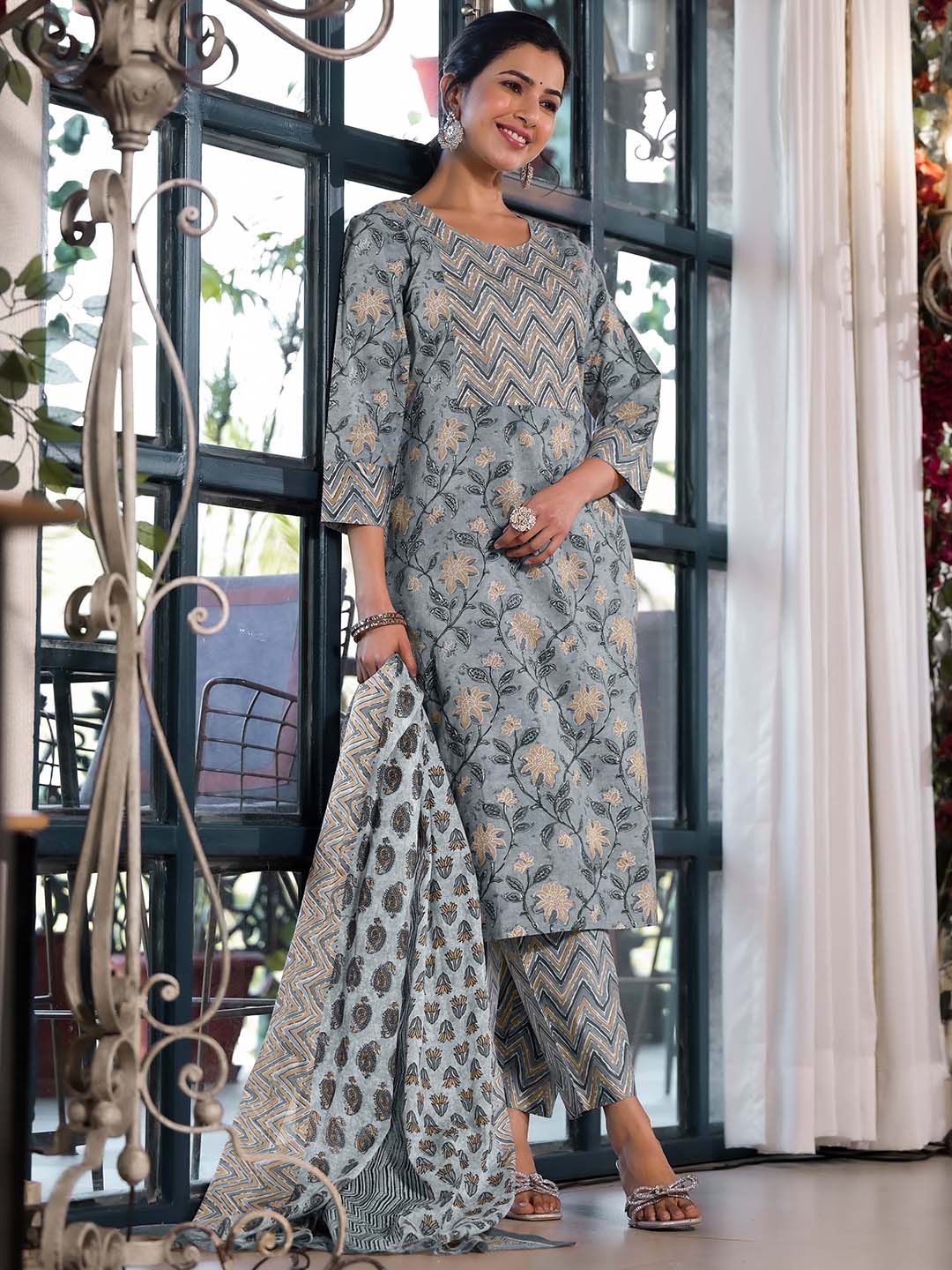 Dhiyona KL Floral Printed Regular Pure Cotton Kurta ,Trousers & Dupatta