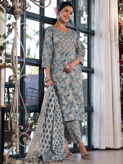 Dhiyona KL Floral Printed Regular Pure Cotton Kurta ,Trousers & Dupatta