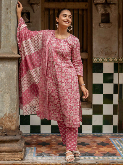 Dhiyona KL Floral Printed Round Neck Pure Cotton Straight Kurta With Trousers & Dupatta