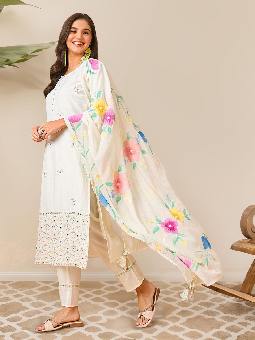 Dhiyona IS Women's Floral Embroidered Mirror Work Pure Cotton Kurta with Trousers & Dupatta