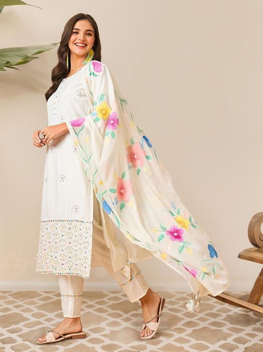 Dhiyona IS Women's Floral Embroidered Mirror Work Pure Cotton Kurta with Trousers & Dupatta
