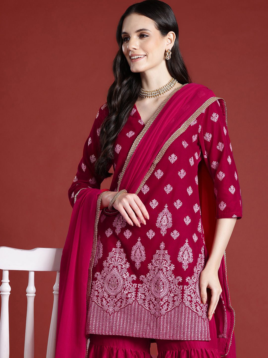 Dhiyona AN Tyohaar Collection Velvet Finish Printed Kurta with Sharara & Dupatta