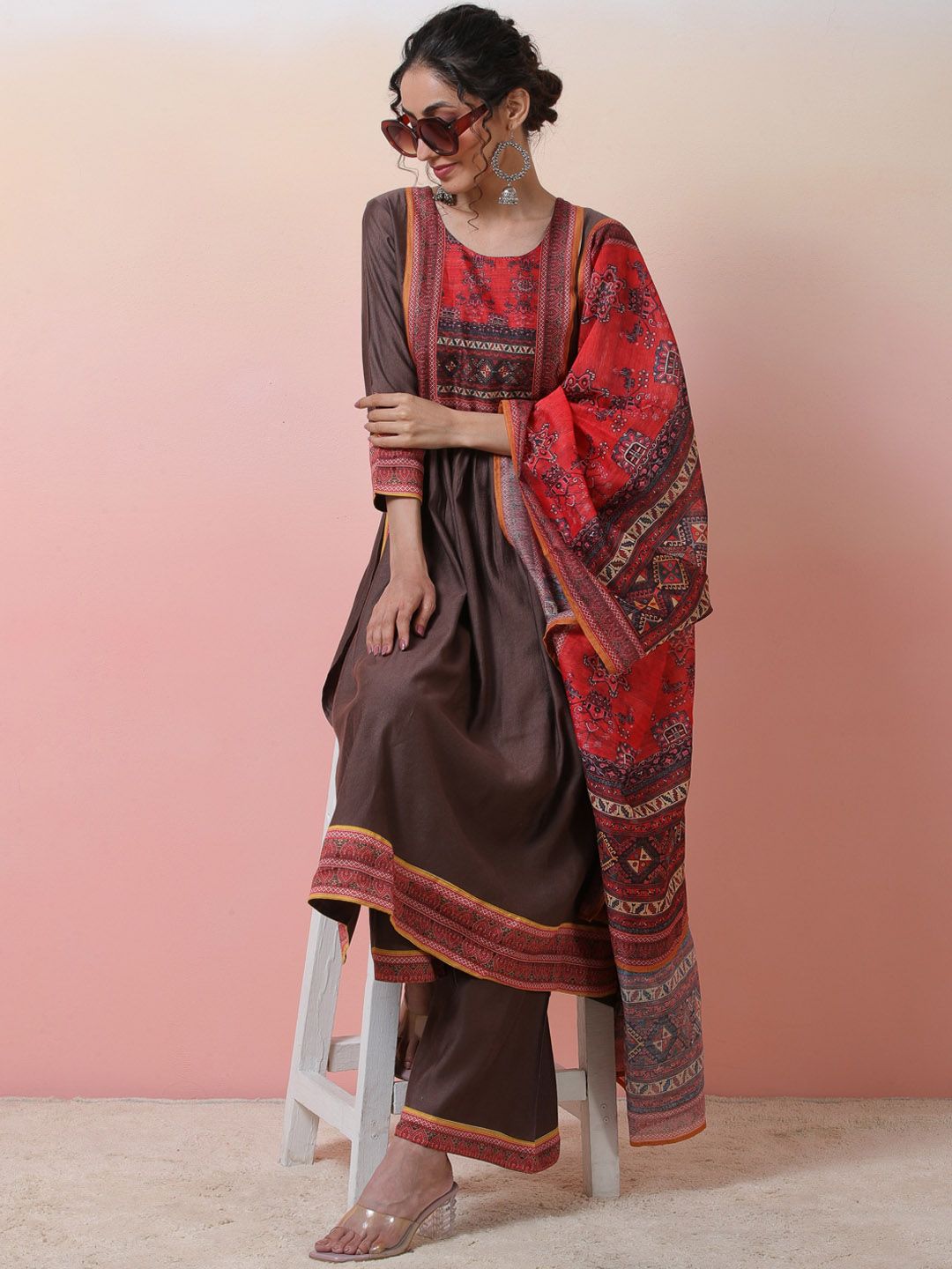Dhiyona SN Ethnic Motifs Printed Round Neck A-line Kurta With Palazzos & Dupatta