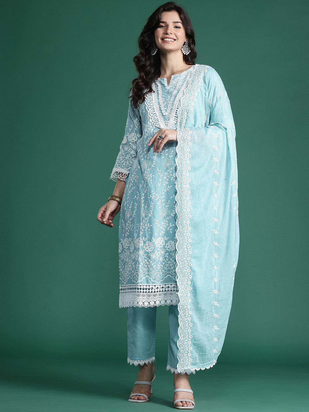Floral Embroidered Thread Work Pure Cotton Kurta with Trousers & With Dupatta