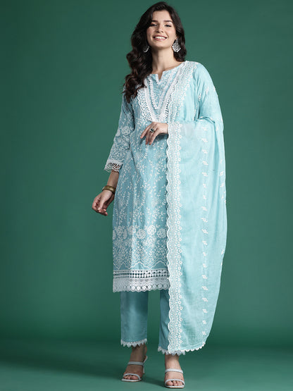 Floral Embroidered Thread Work Pure Cotton Kurta with Trousers & With Dupatta