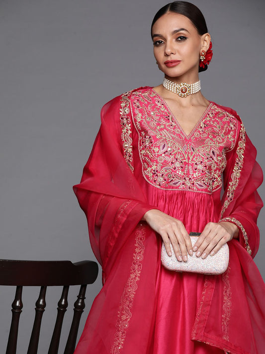 Women Pink & Gold Yoke Embroidered Sequinned A-Line Kurta Palazzos Dupatta