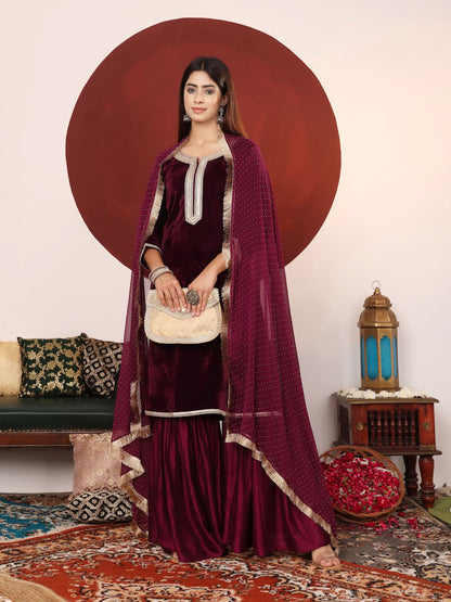 Dhiyona VA Women's Zari & Sequin Embroidered Neck Velvet Winter Kurta with Sharara & Dupatta