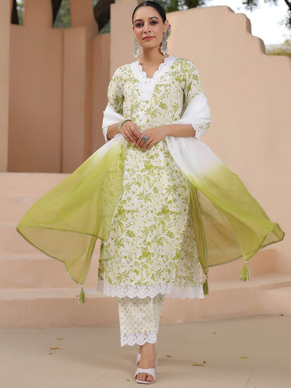 Dhiyona RR Women's Floral Printed Pure Cotton Straight Kurta With Trousers & Dupatta