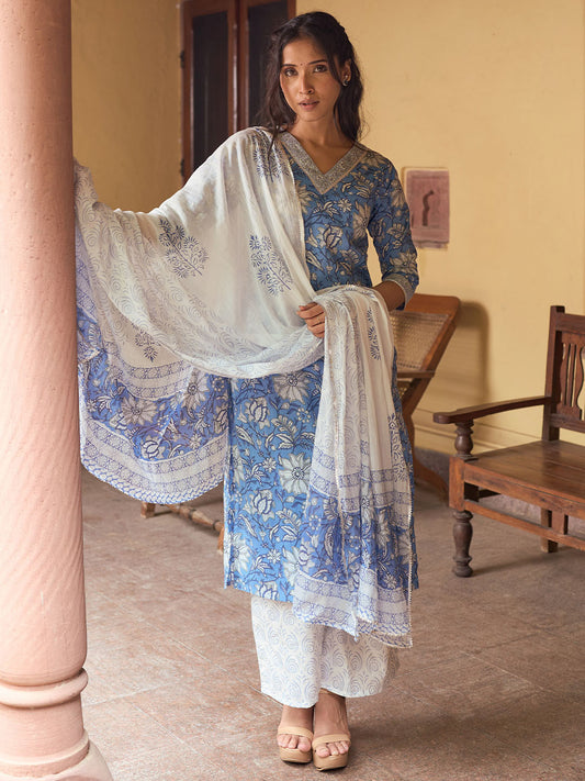 Floral Printed V-Neck Straight Kurta With Palazzos And Dupatta