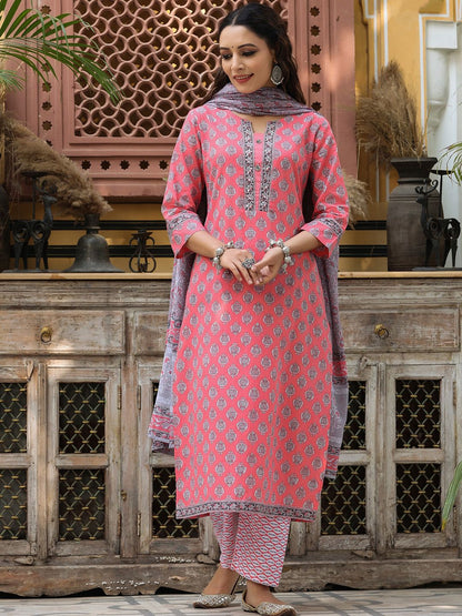 Dhiyona RR Women's Ethnic Printed Pure Cotton Kurta with Trousers & Dupatta
