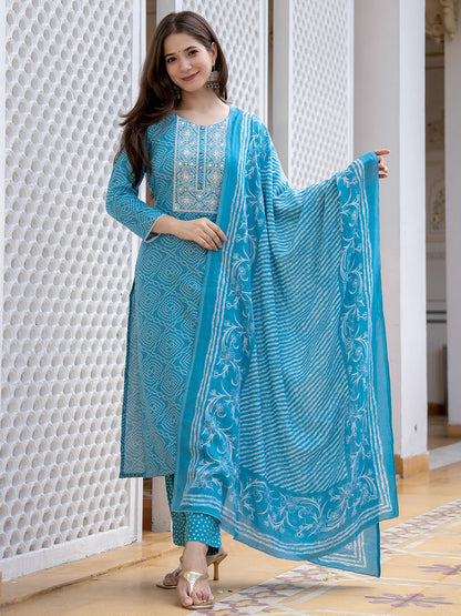 Dhiyona KL Bandhani Printed Regular Mirror Work Kurta With Trousers & Dupatta