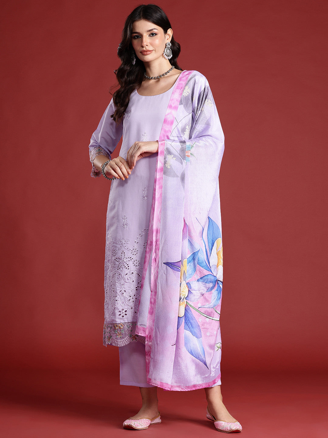 Floral Embroidered Thread Work Kurta with Trousers & Dupatta
