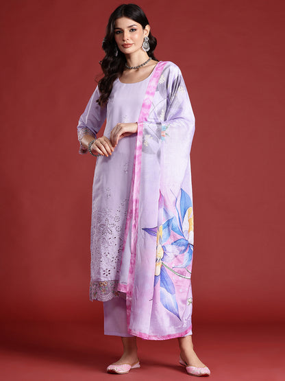 Floral Embroidered Thread Work Kurta with Trousers & Dupatta