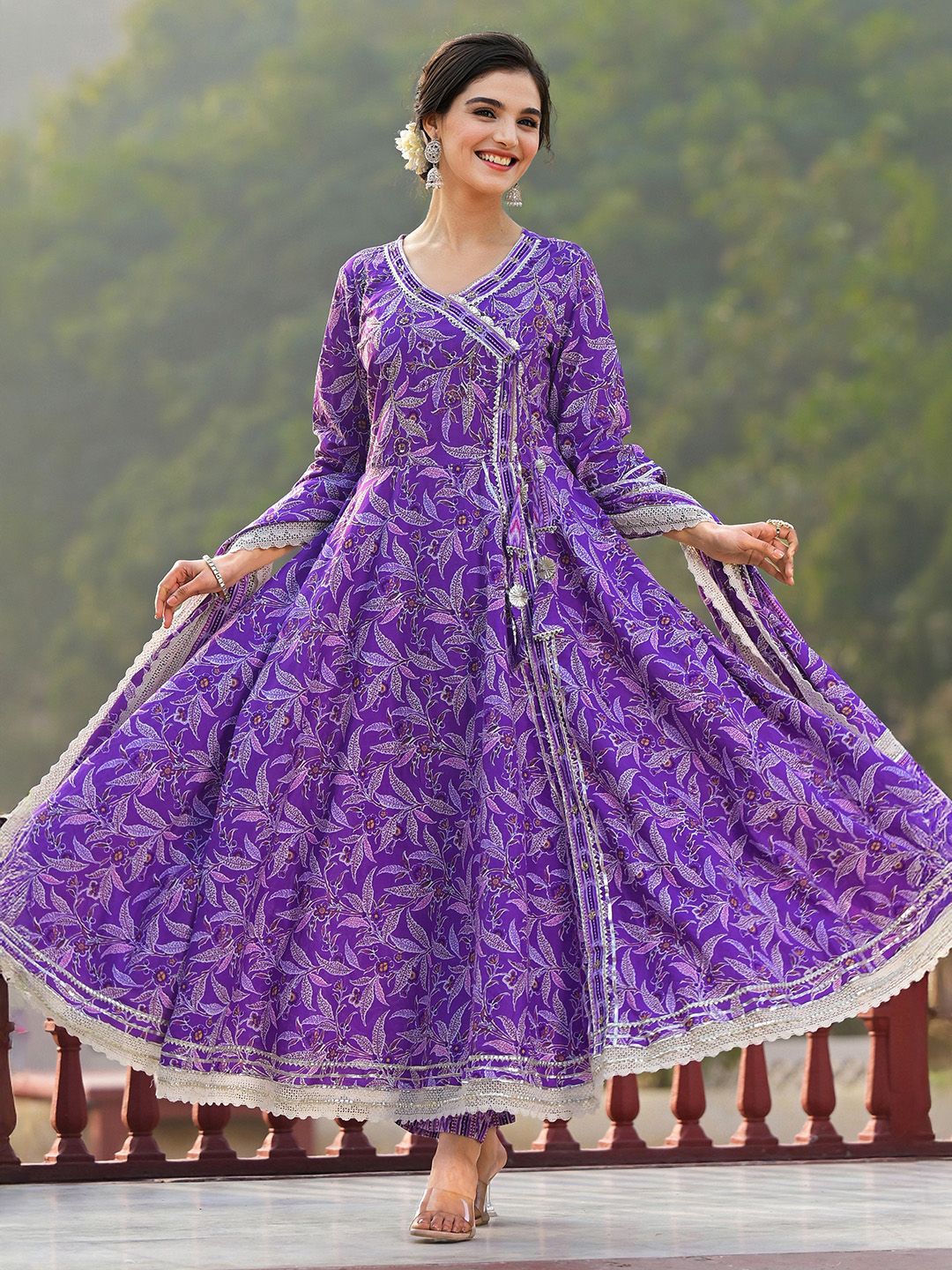 Dhiyona IS Women's Floral Printed Angrakha Thread Work Pure Cotton Kurta with Trousers & Dupatta