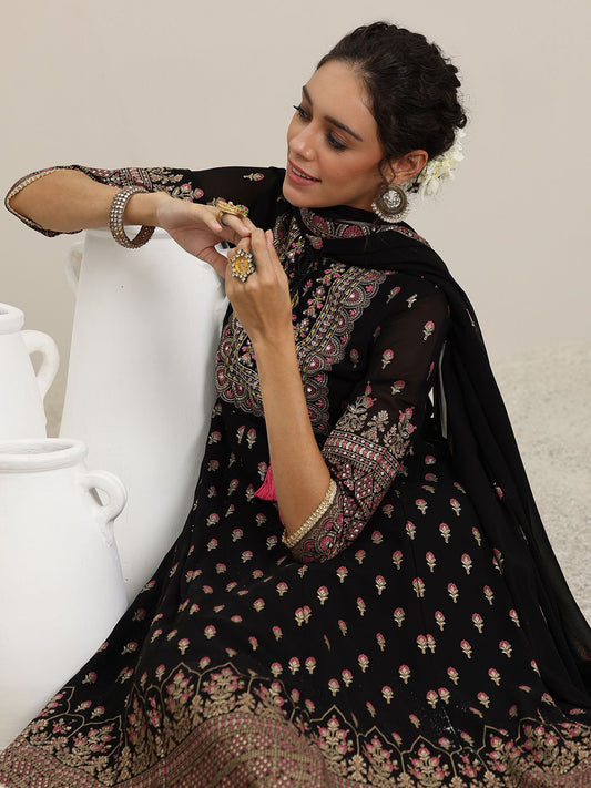 Womens Black Printed Georgette Anarkali Kurta With Trousers & Dupatta