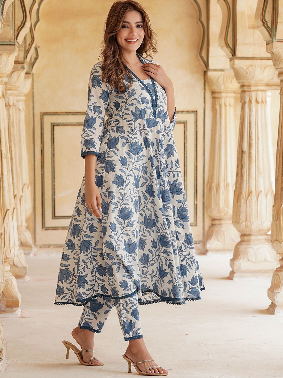Dhiyona KL Floral Printed Anarkali Pure Cotton Kurta with Trousers & Dupatta