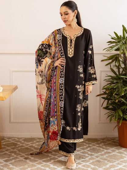 Embroidered Straight Kurta With Palazzos & Dupatta