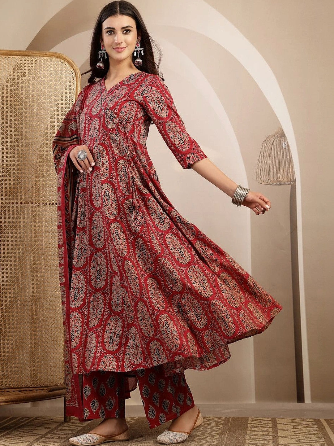 Women Ethnic Motifs Printed Angrakha Kurta with Trousers & With Dupatta