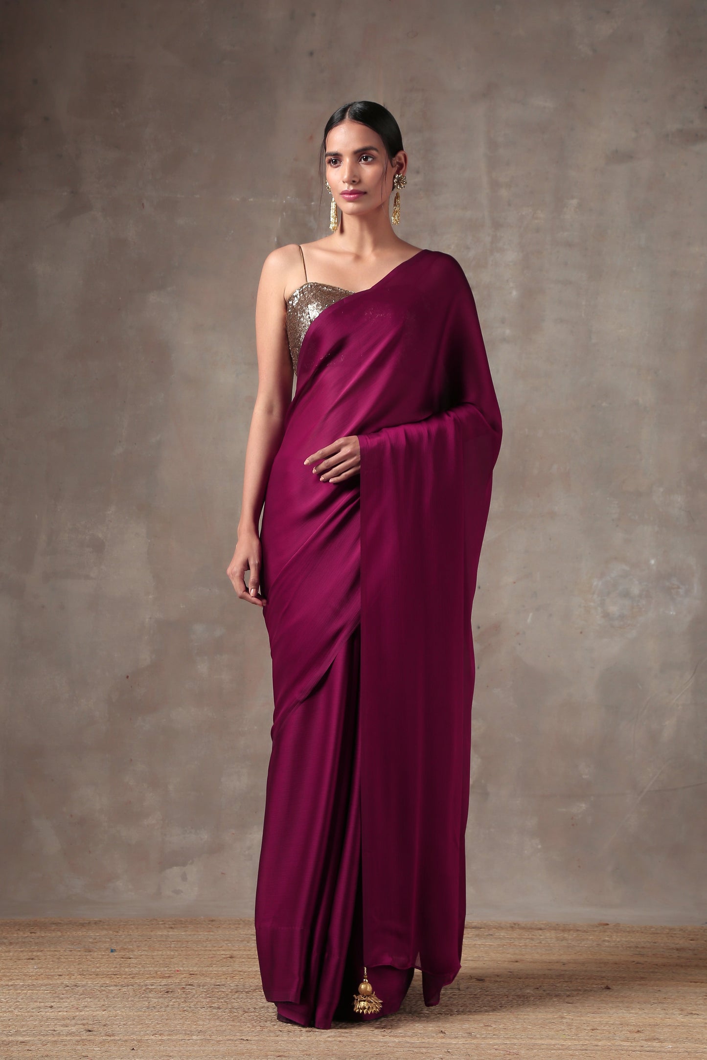 Dhiyona ST Wine Satin Saree with Bronze Pendants