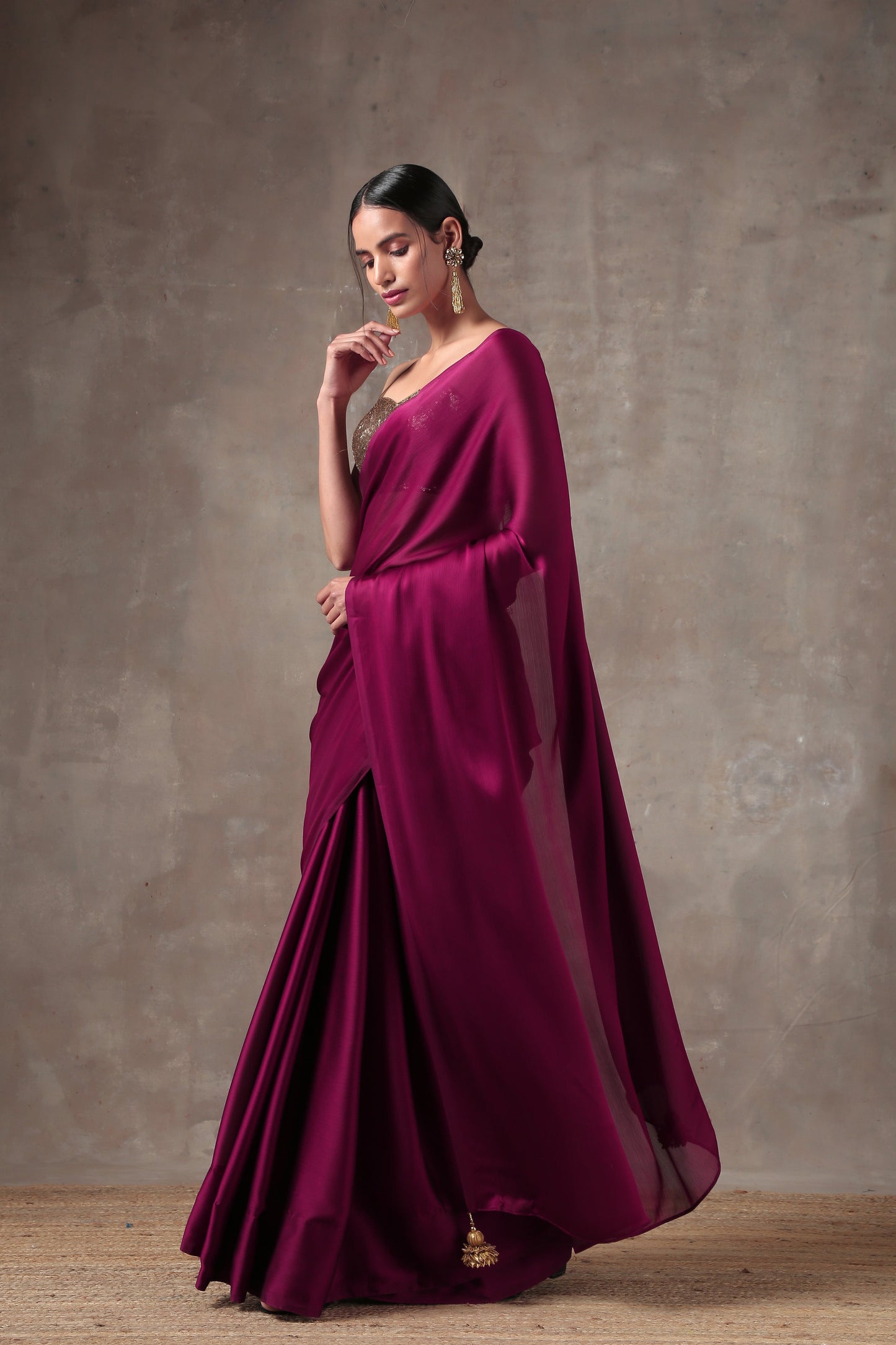 Dhiyona ST Wine Satin Saree with Bronze Pendants