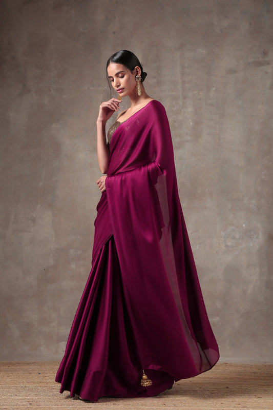 Dhiyona ST Wine Satin Saree with Bronze Pendants