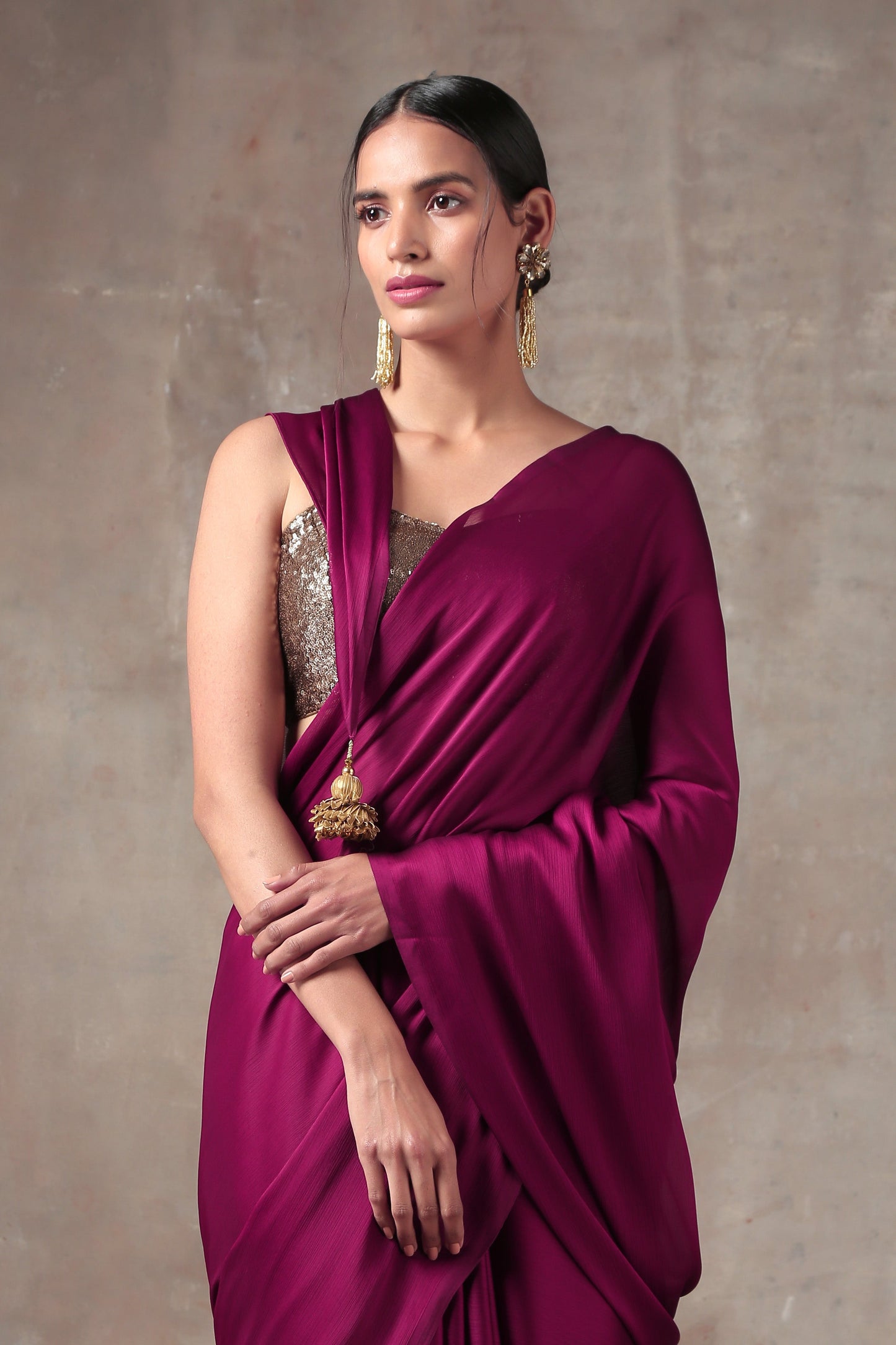 Dhiyona ST Wine Satin Saree with Bronze Pendants