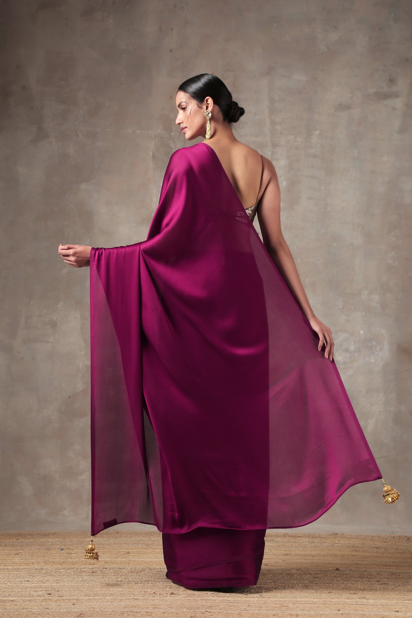 Dhiyona ST Wine Satin Saree with Bronze Pendants