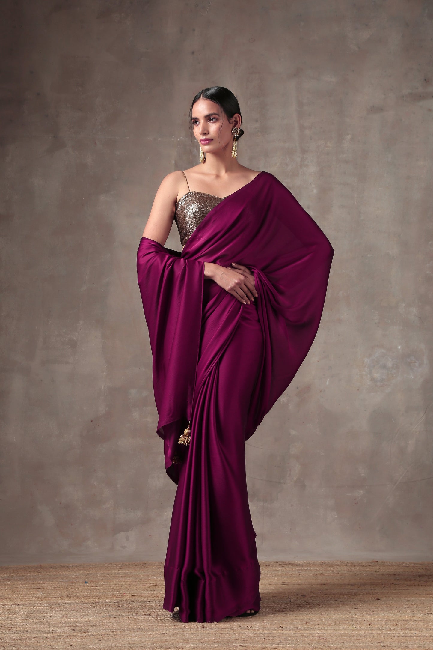 Dhiyona ST Wine Satin Saree with Bronze Pendants