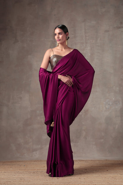Dhiyona ST Wine Satin Saree with Bronze Pendants