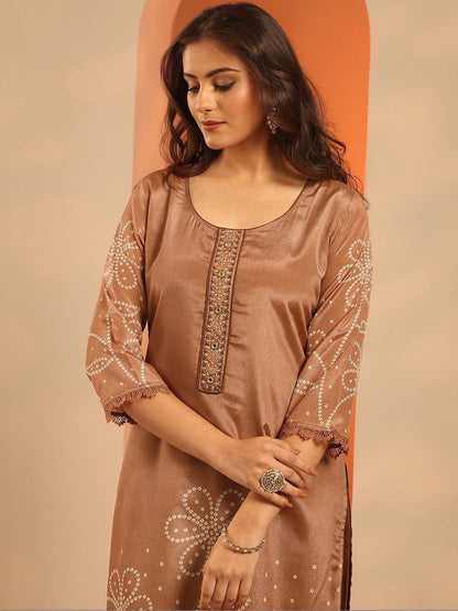 Women Bandhani Printed Regular Kurta with Trousers & With Dupatta