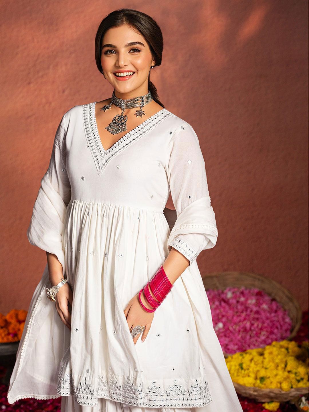 Dhiyona IS Women's Ethnic Motifs Embroidered A-Line Mirror Work Pure Cotton Kurta Set With Dupatta
