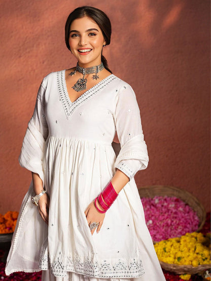 Dhiyona IS Women's Ethnic Motifs Embroidered A-Line Mirror Work Pure Cotton Kurta Set With Dupatta