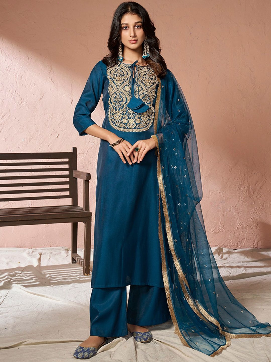 Dhiyona IN Floral Yoke Design Regular Pure Silk Kurta with Palazzos & Dupatta