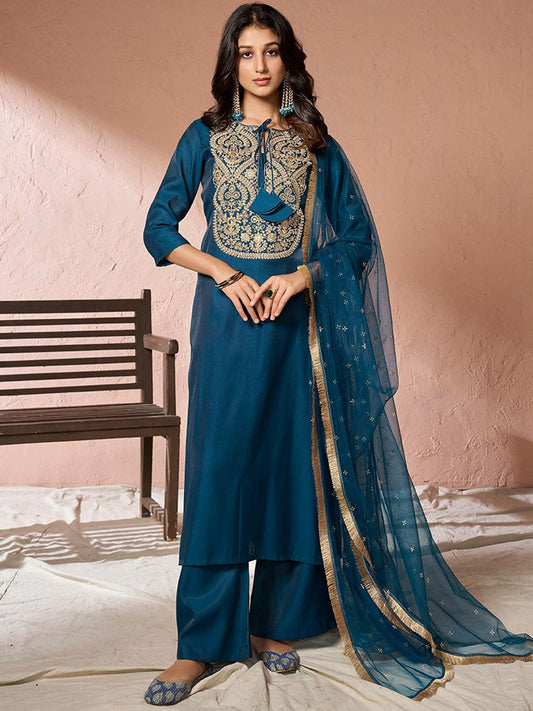Dhiyona IN Floral Yoke Design Regular Pure Silk Kurta with Palazzos & Dupatta