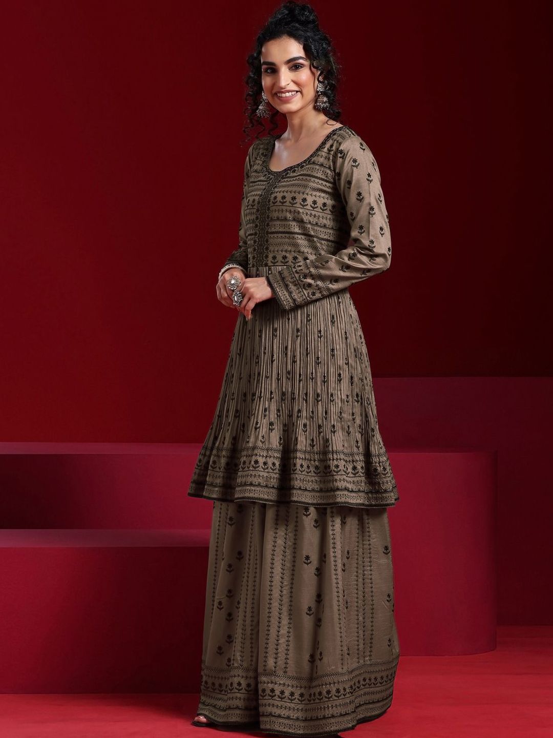 Dhiyona LL Womens Brown Embroidered A-Line Kurta With Sharara & Dupatta